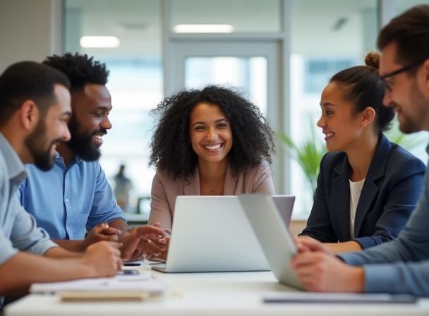 A small, diverse team of SkillForge employees are seated around a table in a bright, modern office, smiling and engaged in discussion, symbolizing collaboration and approachability.