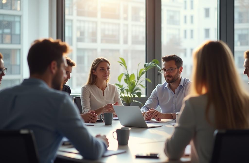 Group of diverse professionals collaborating during an HR training session in a modern office setting.