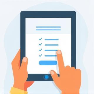 Illustration of a hand filling out a digital form on a tablet screen, representing step one of entering the contest.